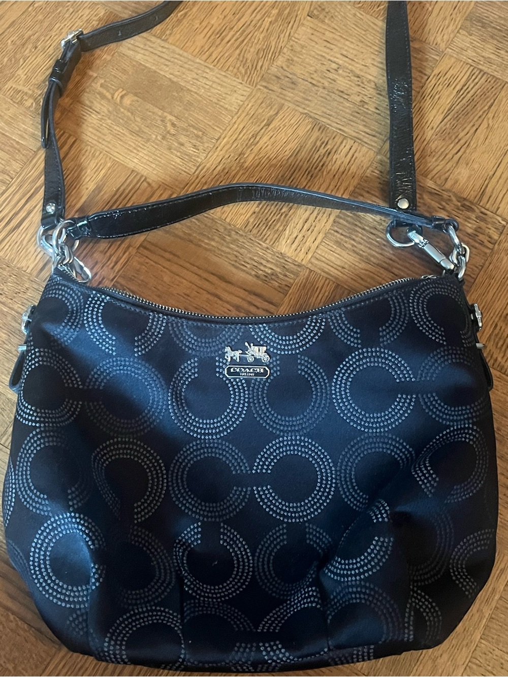 Coach Black Signature Circle Shoulder Bag with Silver Hardware